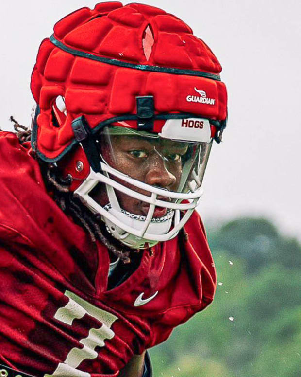 Razorbacks defensive end Trajan Jeffcoat during a fall camp practice on the outdoor practice fields